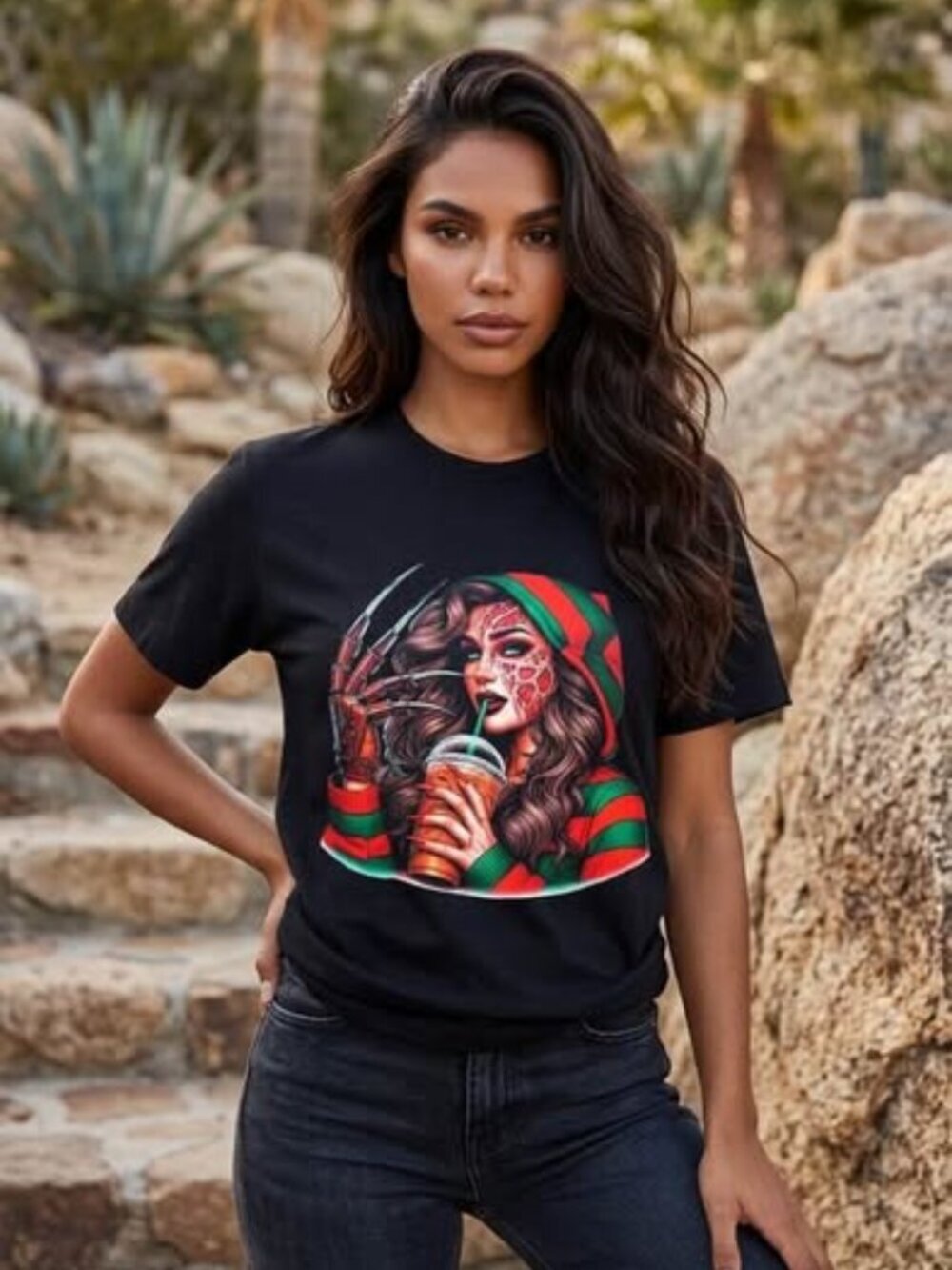 Horror Girl Bladed Glove Graphic T-Shirt Black Gildan Size M Handmade New